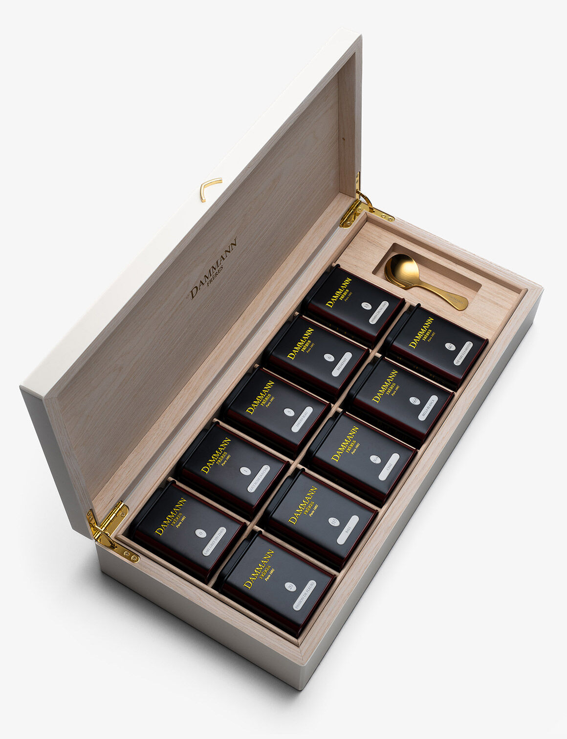 Coffret boite - GRAND HÔTEL. coffret bois 10 mini boîtes + cuillère Wooden chest 10 mini canisters + spoon