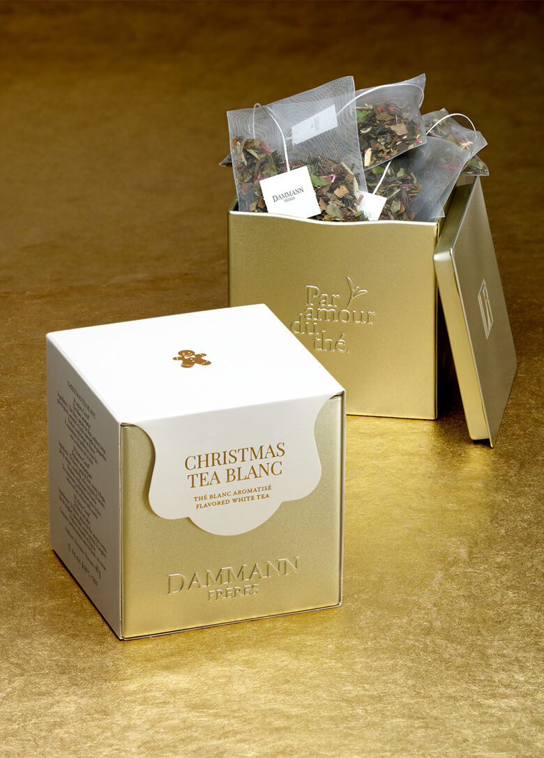 Boîte Sachets Cristal x20 - CHRISTMAS TEA BLANC, 20 sachets Cristal® en boîte métal or
