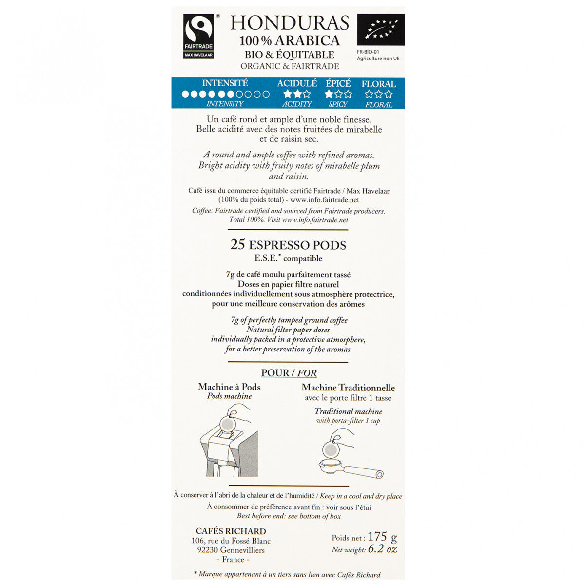 Café Honduras Bio et équitable pods ESE étui x25