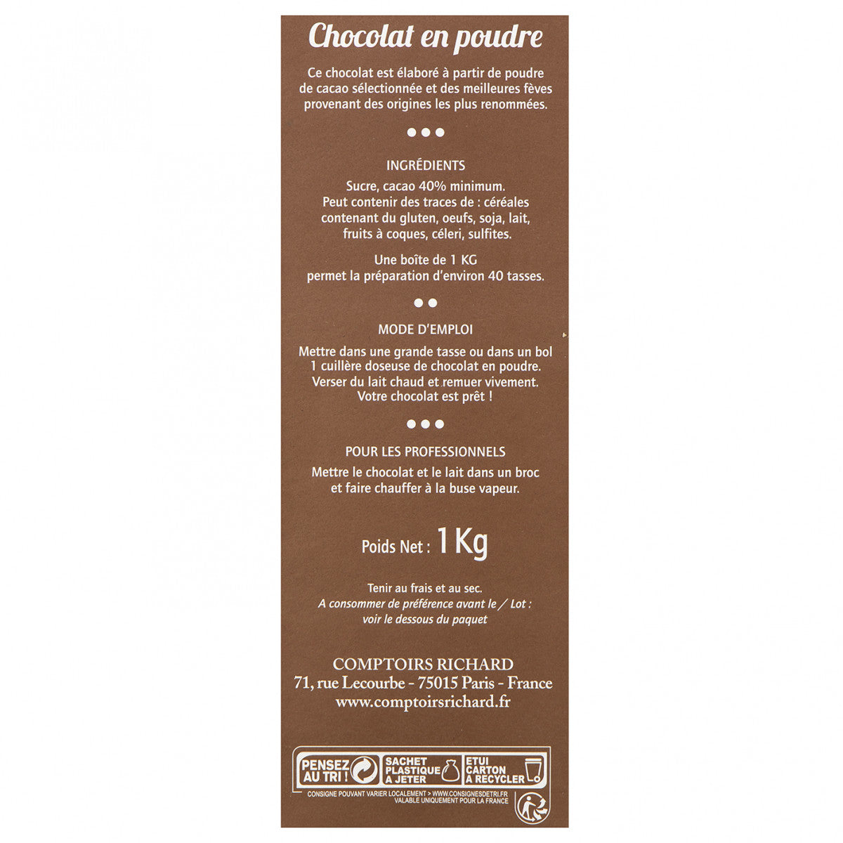 Chocolat en poudre non lactée 40% cacao Richard - 1KG